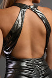 CHIC METALLIC SHINY SLINKY HALTER SLIT MIDI DRESS - Wear with style