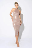 CHIC METALLIC SHINY SLINKY HALTER SLIT MIDI DRESS - Wear with style