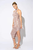 CHIC METALLIC SHINY SLINKY HALTER SLIT MIDI DRESS - Wear with style