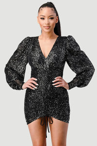 CHIC SEQUIN FRONT DRAWSTRING BISHOP LONG SLEEVE MINI DRESS - Wear with style