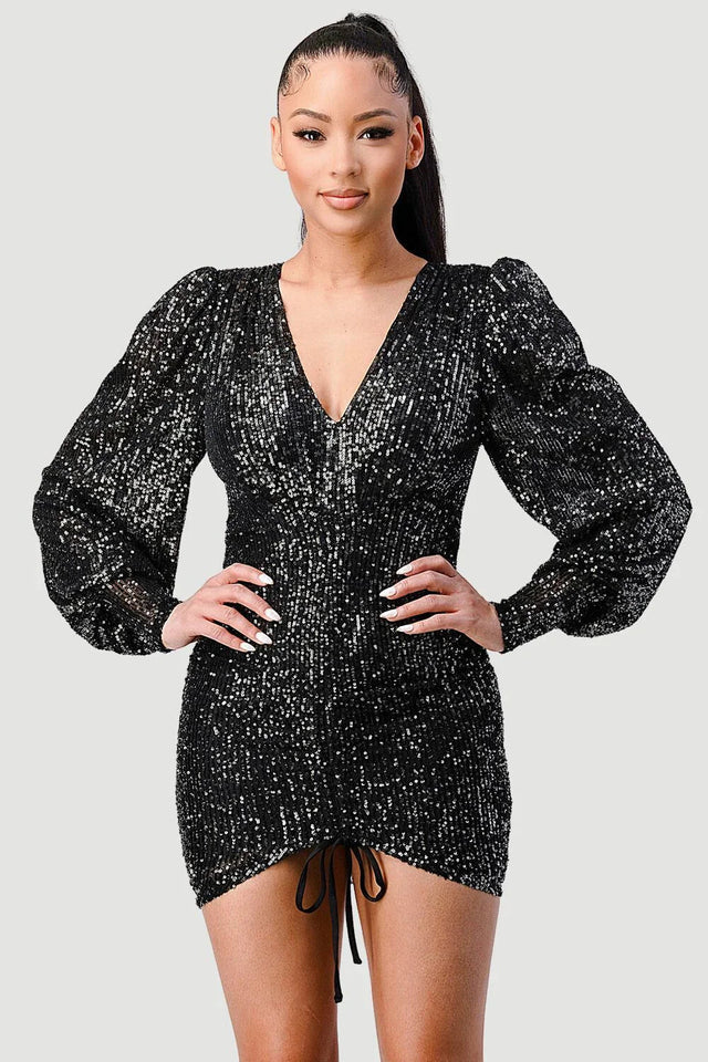 CHIC SEQUIN FRONT DRAWSTRING BISHOP LONG SLEEVE MINI DRESS - Wear with style