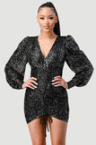 CHIC SEQUIN FRONT DRAWSTRING BISHOP LONG SLEEVE MINI DRESS - Wear with style