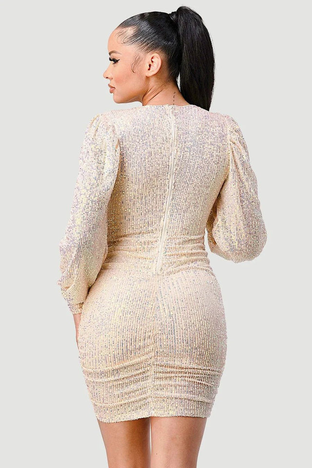 CHIC SEQUIN FRONT DRAWSTRING BISHOP LONG SLEEVE MINI DRESS - Wear with style