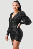 CHIC SEQUIN FRONT DRAWSTRING BISHOP LONG SLEEVE MINI DRESS - Wear with style
