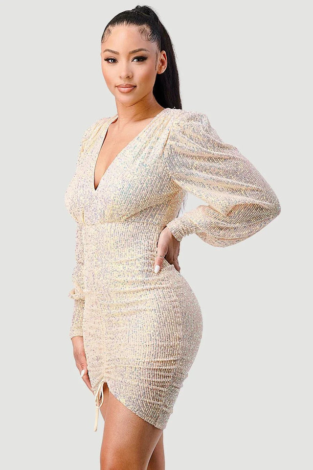 CHIC SEQUIN FRONT DRAWSTRING BISHOP LONG SLEEVE MINI DRESS - Wear with style