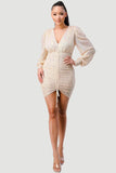 CHIC SEQUIN FRONT DRAWSTRING BISHOP LONG SLEEVE MINI DRESS - Wear with style