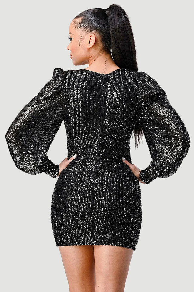 CHIC SEQUIN FRONT DRAWSTRING BISHOP LONG SLEEVE MINI DRESS - Wear with style