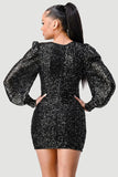 CHIC SEQUIN FRONT DRAWSTRING BISHOP LONG SLEEVE MINI DRESS - Wear with style