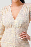 CHIC SEQUIN FRONT DRAWSTRING BISHOP LONG SLEEVE MINI DRESS - Wear with style