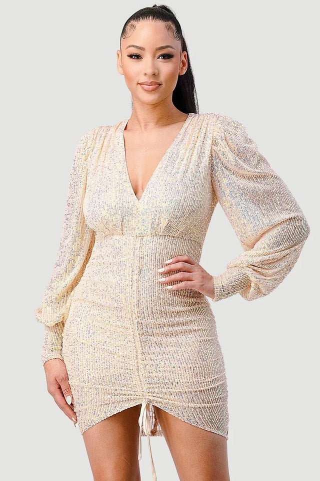 CHIC SEQUIN FRONT DRAWSTRING BISHOP LONG SLEEVE MINI DRESS - Wear with style