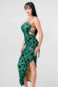 CLASSY MESH VELVET FLOCKING SIDE SLIT DRAWSTRING BACK BODYCON MIDI DRESS - Wear with style