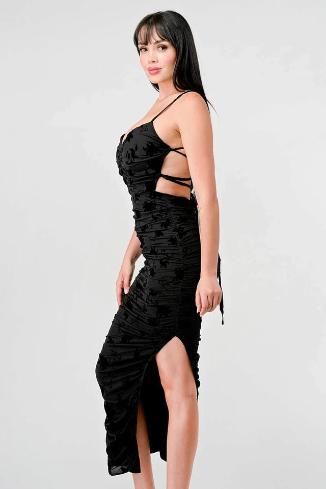 CLASSY MESH VELVET FLOCKING SIDE SLIT DRAWSTRING BACK BODYCON MIDI DRESS - Wear with style