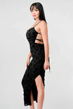 CLASSY MESH VELVET FLOCKING SIDE SLIT DRAWSTRING BACK BODYCON MIDI DRESS - Wear with style