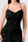 CLASSY MESH VELVET FLOCKING SIDE SLIT DRAWSTRING BACK BODYCON MIDI DRESS - Wear with style