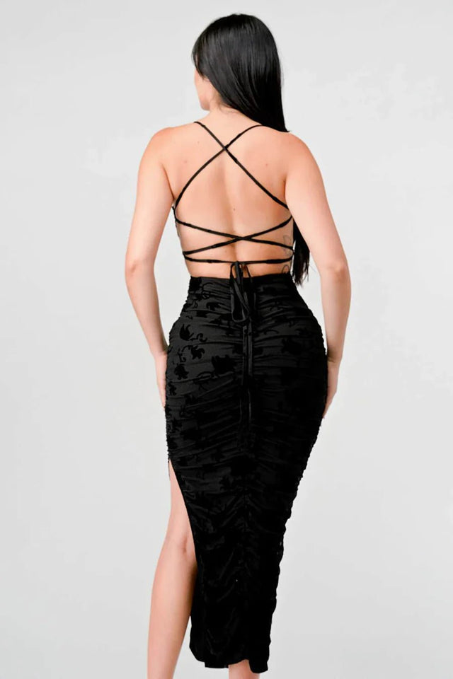 CLASSY MESH VELVET FLOCKING SIDE SLIT DRAWSTRING BACK BODYCON MIDI DRESS - Wear with style