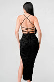 CLASSY MESH VELVET FLOCKING SIDE SLIT DRAWSTRING BACK BODYCON MIDI DRESS - Wear with style
