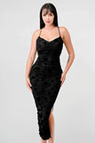 CLASSY MESH VELVET FLOCKING SIDE SLIT DRAWSTRING BACK BODYCON MIDI DRESS - Wear with style