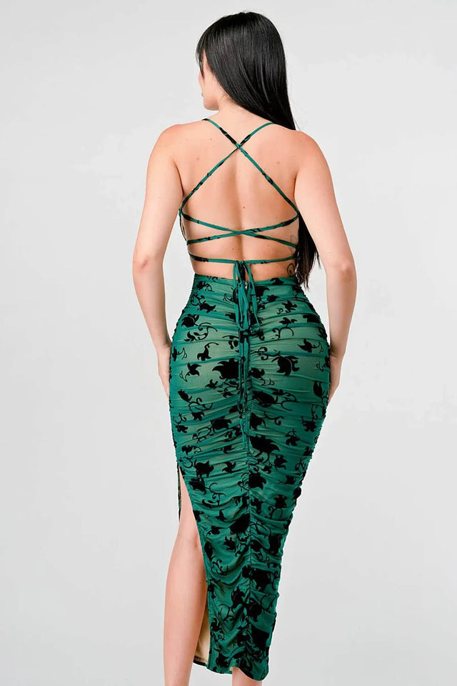 CLASSY MESH VELVET FLOCKING SIDE SLIT DRAWSTRING BACK BODYCON MIDI DRESS - Wear with style