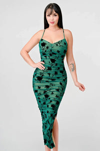CLASSY MESH VELVET FLOCKING SIDE SLIT DRAWSTRING BACK BODYCON MIDI DRESS - Wear with style