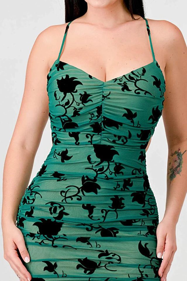 CLASSY MESH VELVET FLOCKING SIDE SLIT DRAWSTRING BACK BODYCON MIDI DRESS - Wear with style