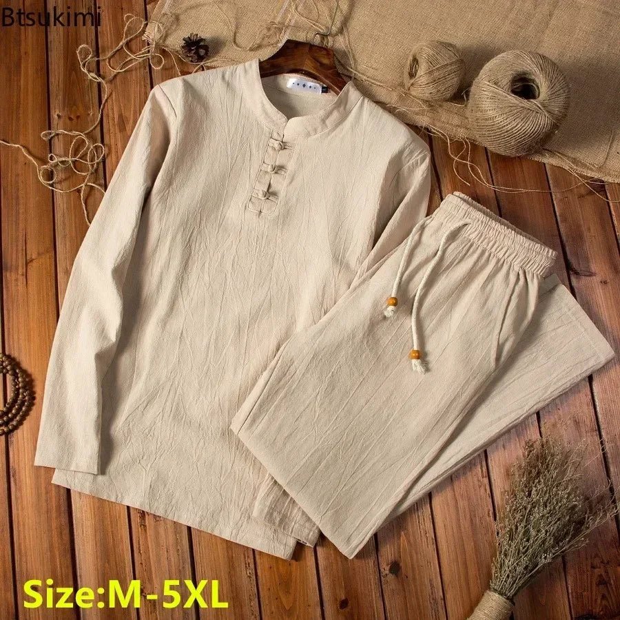 Cotton Linen Men's Long-sleeved Shirt & Pants - Wear with style