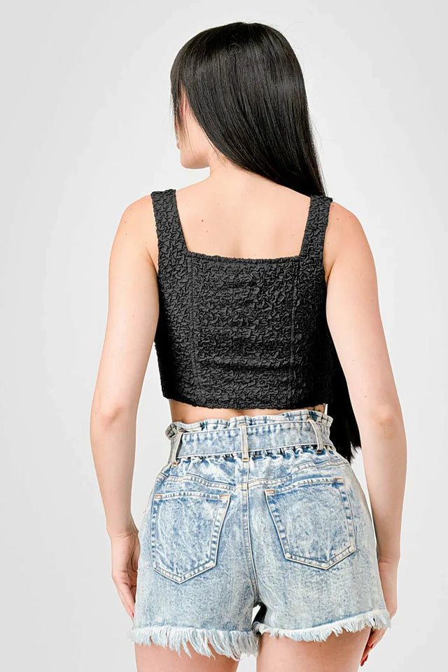 CRINKLE STRETCH KNIT SWEETHEART HOOKED BUSTIER CROPPED TOP - Wear with style