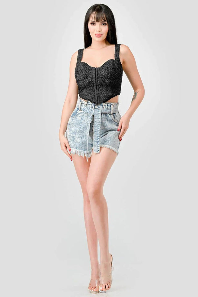 CRINKLE STRETCH KNIT SWEETHEART HOOKED BUSTIER CROPPED TOP - Wear with style