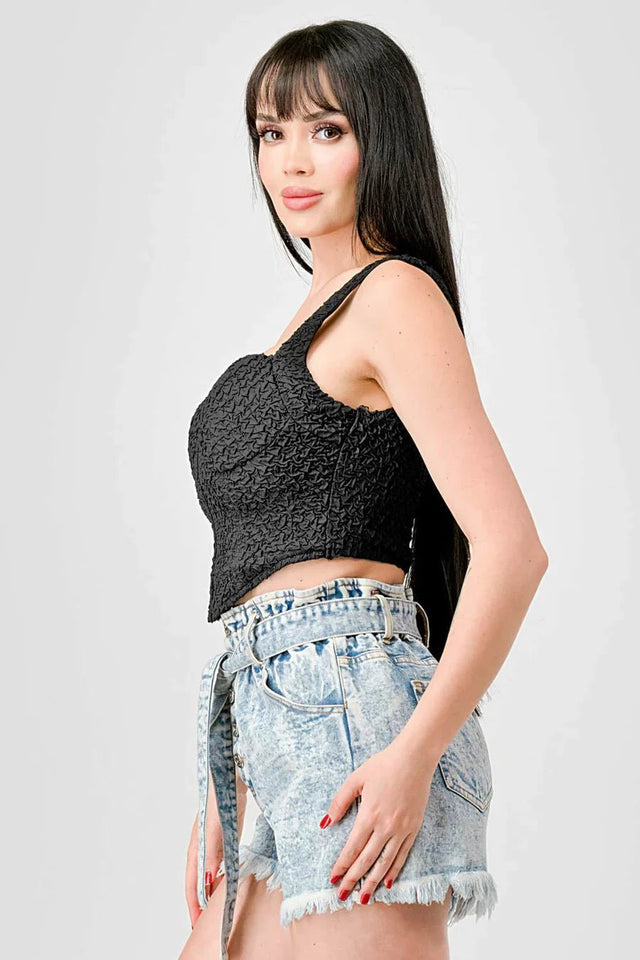 CRINKLE STRETCH KNIT SWEETHEART HOOKED BUSTIER CROPPED TOP - Wear with style