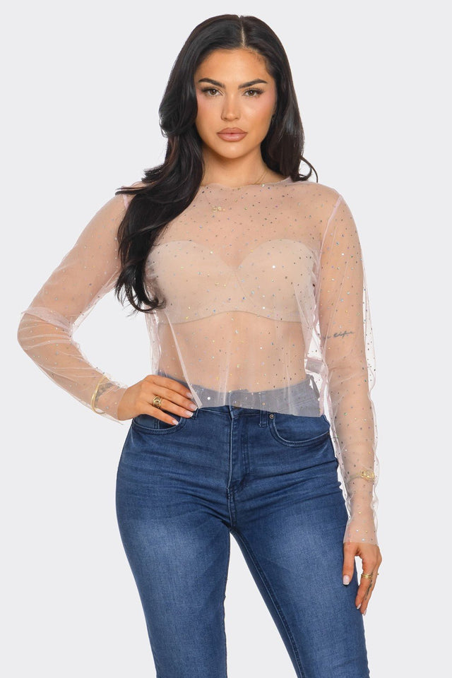 Crystal Studded Mesh Top – Rainbow Rhinestone Sheer Blouse - Wear with style