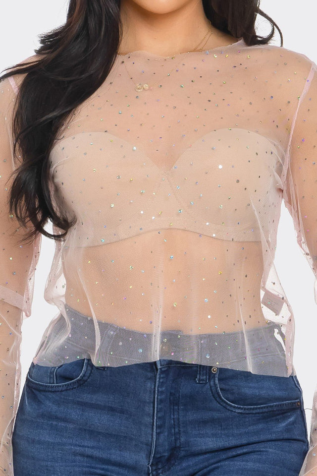 Crystal Studded Mesh Top – Rainbow Rhinestone Sheer Blouse - Wear with style