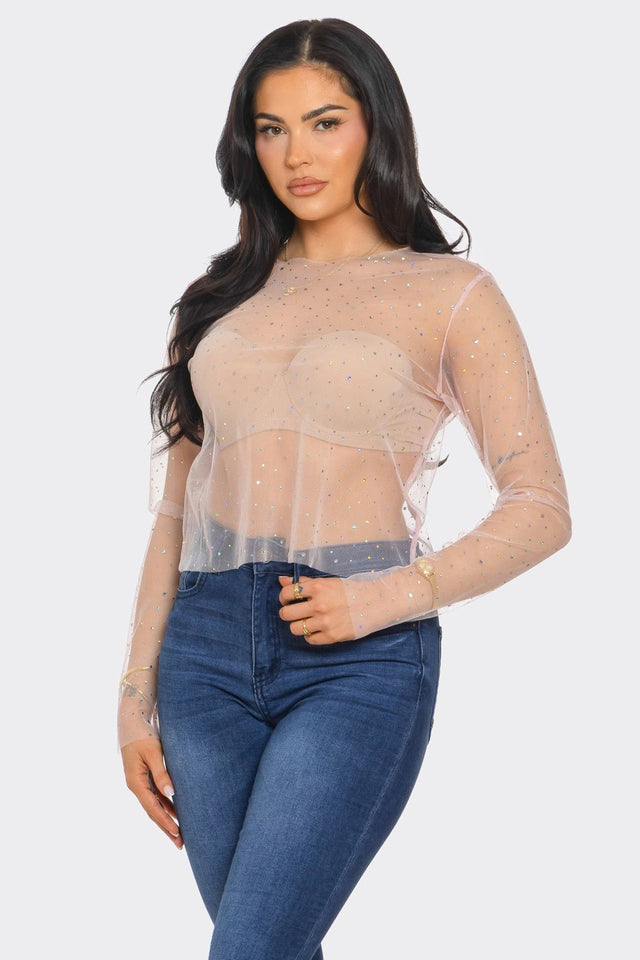 Crystal Studded Mesh Top – Rainbow Rhinestone Sheer Blouse - Wear with style