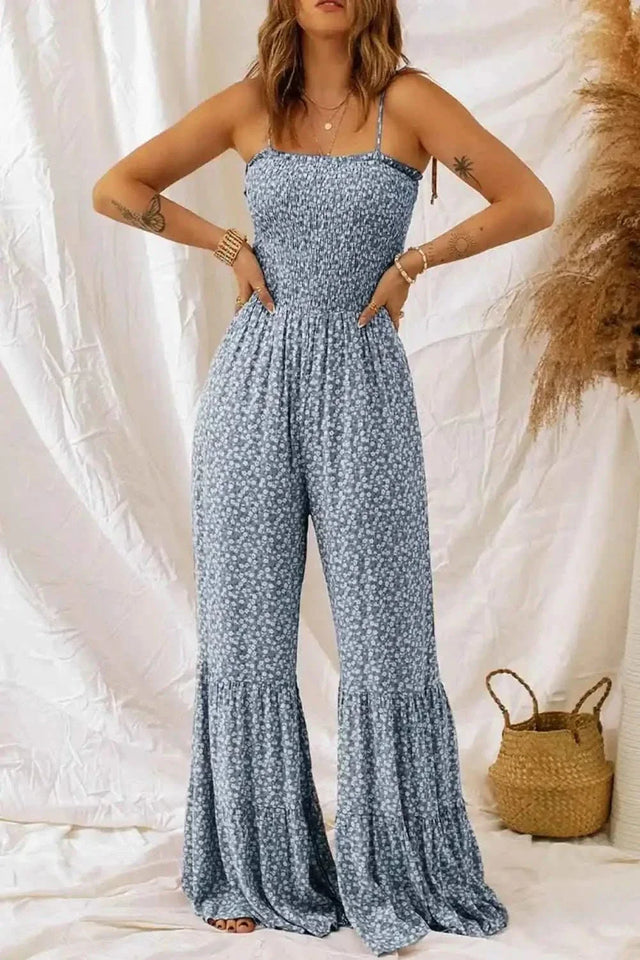 Smocked Printed : Wide Strap Jumpsuit