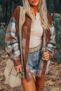 Cinnamon Plaid Corduroy Patchwork Shacket With Pockets