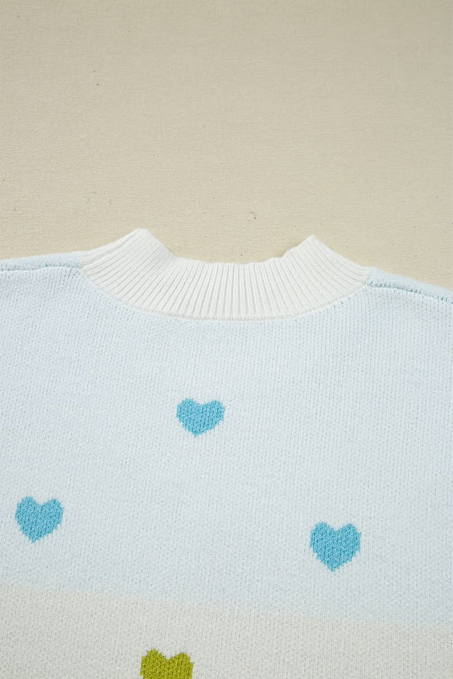 Multicolor Heart Pattern Colorblock High Neck Sweater