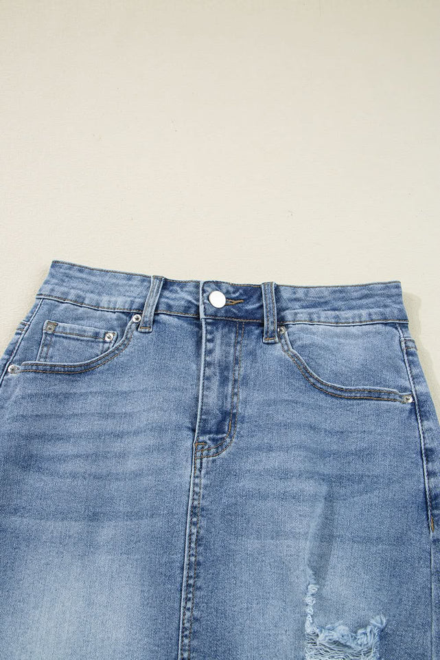 Myosotis Distressed Hem Denim Midi Skirt Irregular Look