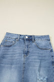 Myosotis Distressed Hem Denim Midi Skirt Irregular Look