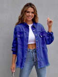 Distressed Drop Shoulder Fringe Denim Jacket Cotton Blend