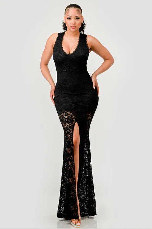 DEEP V NECK LACE MERMAID MAXI DRESS - Wear with style