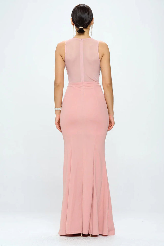 DEEP V NECK RHINESTONED FLOOR LENGTH MAXI DRESS - Wear with style