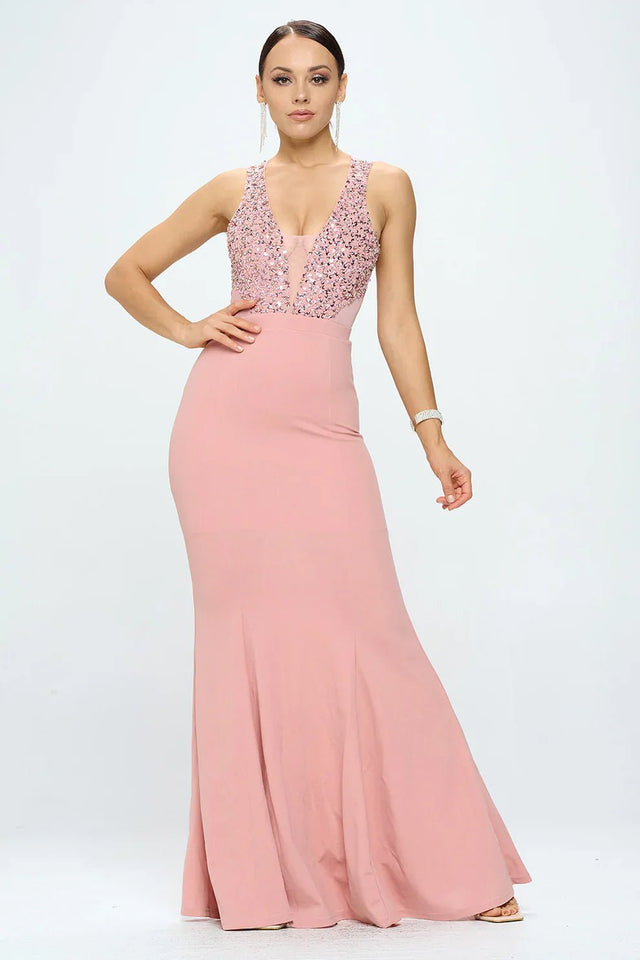 DEEP V NECK RHINESTONED FLOOR LENGTH MAXI DRESS - Wear with style