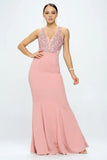 DEEP V NECK RHINESTONED FLOOR LENGTH MAXI DRESS - Wear with style