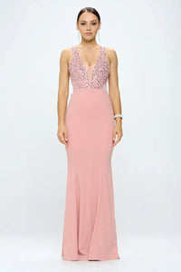DEEP V NECK RHINESTONED FLOOR LENGTH MAXI DRESS - Wear with style