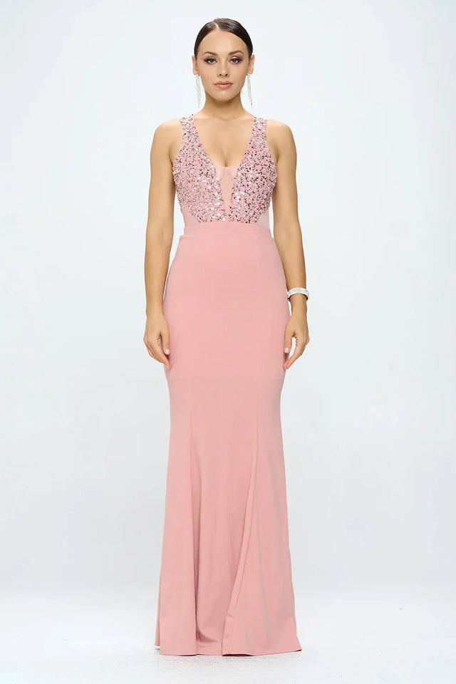 DEEP V NECK RHINESTONED FLOOR LENGTH MAXI DRESS - Wear with style