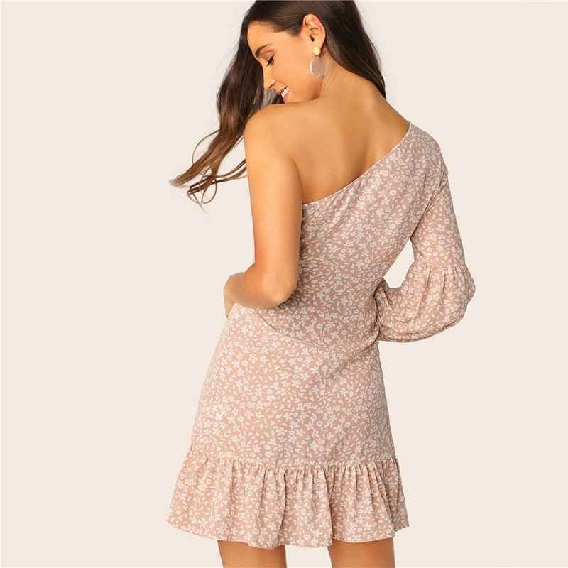 Floral One Shoulder Lantern Sleeve : Ruffle Dress