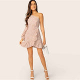 Floral One Shoulder Lantern Sleeve : Ruffle Dress