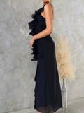 Stylish One-Shoulder Ruffle : Slit Dress