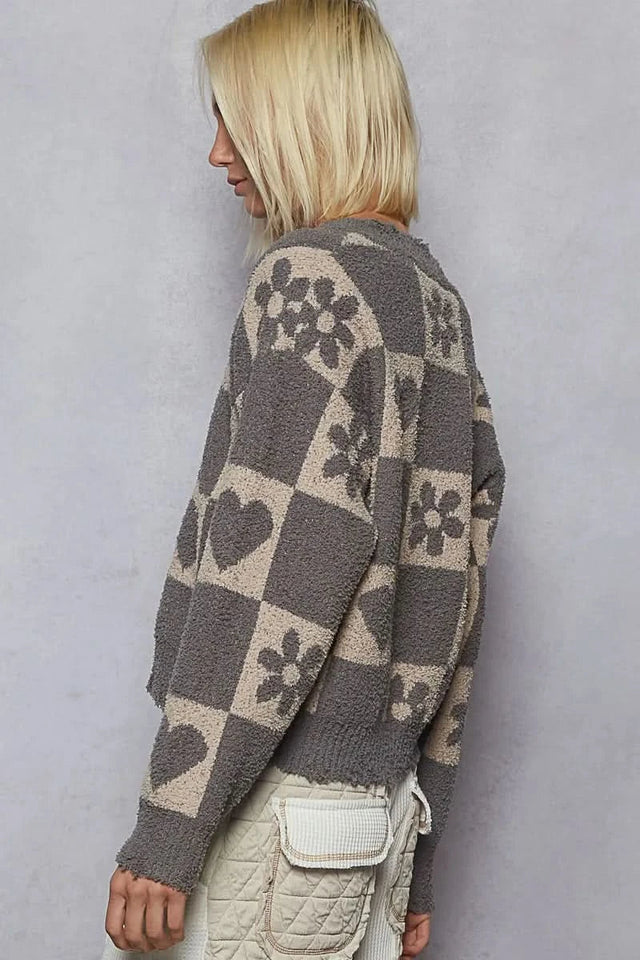 Pol V Neck Heart Pattern Checkered Sweater Oversized