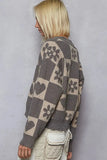 Pol V Neck Heart Pattern Checkered Sweater Oversized