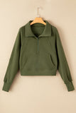 Green Zip Stand Collar Ribbed Thumbhole Sleeve Sweatshirt