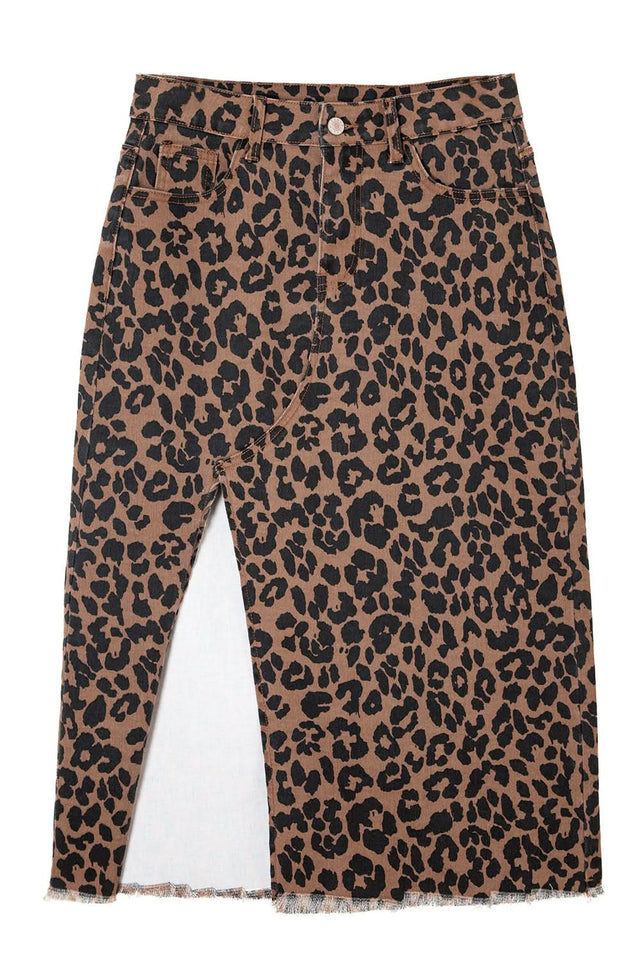 Brown Leopard Frayed Split Denim Midi Skirt With Pockets